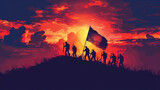 Fototapeta Natura - Silhouetted soldiers with flag against dramatic sunset on Day of Valor (Araw ng Kagitingan)