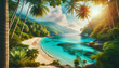 Photo real as Tropical Serenity A pristine beach with crystal clear waters invites peaceful getaways. in nature and landscapes theme ,for advertisement and banner ,Full depth of field, high quality ,i