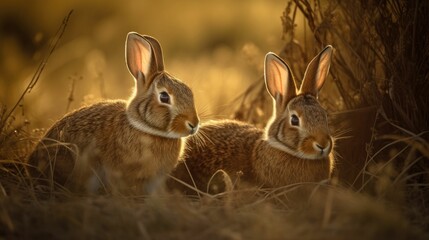 Wall Mural - AI generated illustration of two brown rabbits standing in a tall grassy meadow