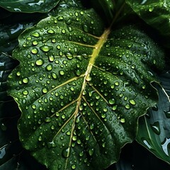 Poster - AI generated illustration of a leaf beaded with glistening droplets of water