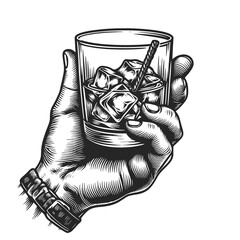 Wall Mural - hand and glass filled with whiskey and ice cubes, indicating a moment of relaxation or celebration sketch engraving generative ai raster illustration. Scratch board imitation. Black and white image.