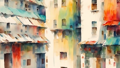 Canvas Print - Abstract watercolor painting of urban buildings with a vibrant color palette, suitable for topics on art, creativity, and World Watercolor Month