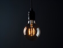 Single Light Bulb On Black Background. Bright Bare Bulb With Cord And Copy Space For Basic Concept. Closeup Of Electric Cable