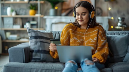 Young woman wearing headphones and holding credit card during online shopping at laptop on living room sofa.