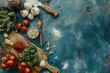 Top View of Uncooked Ingredients for Cooking on Blue Tabletop in Wooden Kitchen with Textured Background