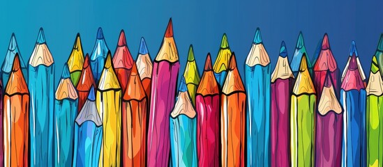 Poster - An array of vibrant magenta, coneshaped pencils are neatly arranged in a row on a stylish electric blue background. Perfect for art, fashion design, or office supplies