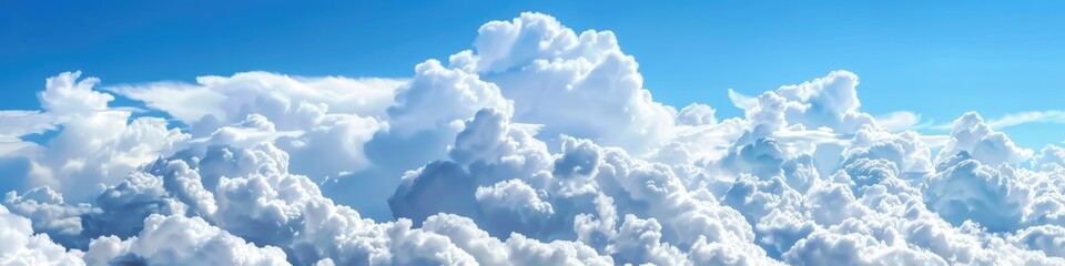 Wall Mural - White Thick Clouds and Blue Sky Banner on a Sunny Day. Natural Background for Your Designs