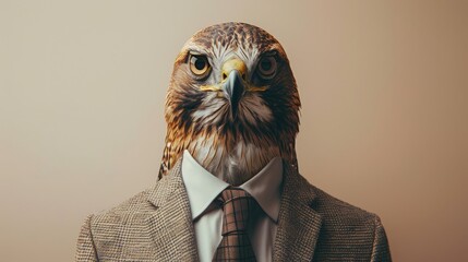 portrait of a business man with a hawk's head in suit, trading and stock investment concept