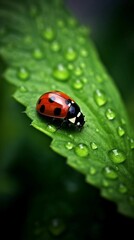 Poster - Vibrant ladybug perched on a lush green leaf, illuminated by water droplets, AI-generated.