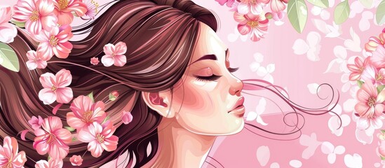 Wall Mural - A woman with flowing long hair is enveloped by a sea of pink flowers, enhancing the gentle curve of her nose, frame of her head, and fullness of her lips