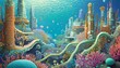 Illustrate an underwater microbial city, set on the surface of a coral reef, where the currents shape the architecture.