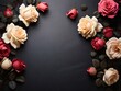 Beautiful roses on black background, top view. Space for text