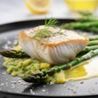 AI generated illustration of a deliciously roasted fish with asparagus and sauce on a plate
