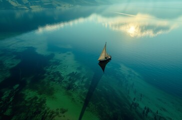 Wall Mural - an aerial view of a sailboat on a lake under a blue sky