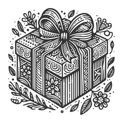 Christmas gift box adorned with a botanical arrangement sketch engraving generative ai raster illustration. Scratch board imitation. Black and white image.