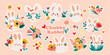 A pack of Chubby rabbit sticker collection. Set of isolated cute rabbits with flowers in colorful colors. Cute doodle illustration with thick white offset outline.