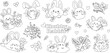 A pack of Chubby rabbit sticker collection. Set of cute rabbits with flowers in black outline and white plain style on transparent background. Cute doodle Illustration for coloring book.