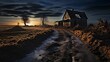 Dirt road leading to an abandoned rural house. AI-generated.