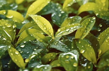 Poster - AI-generated illustration of lush green foliage with water droplets glistening in the sunlight