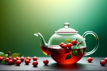 Poster - rosehip tea in a glass teapot isolated on a yellow background