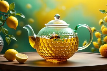 Canvas Print - honey tea in a glass teapot isolated on a yellow background