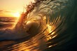 AI-generated illustration of a picturesque wave illuminated by the sunset