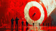 A conceptual art piece depicting figures observing a large red and white circular abstract painting in a gallery setting.