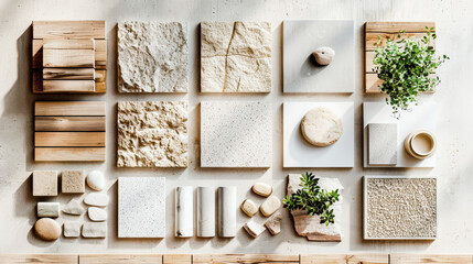 Various samples of tiles, stones, and wooden material swatches arranged neatly on a table for interior design planning.