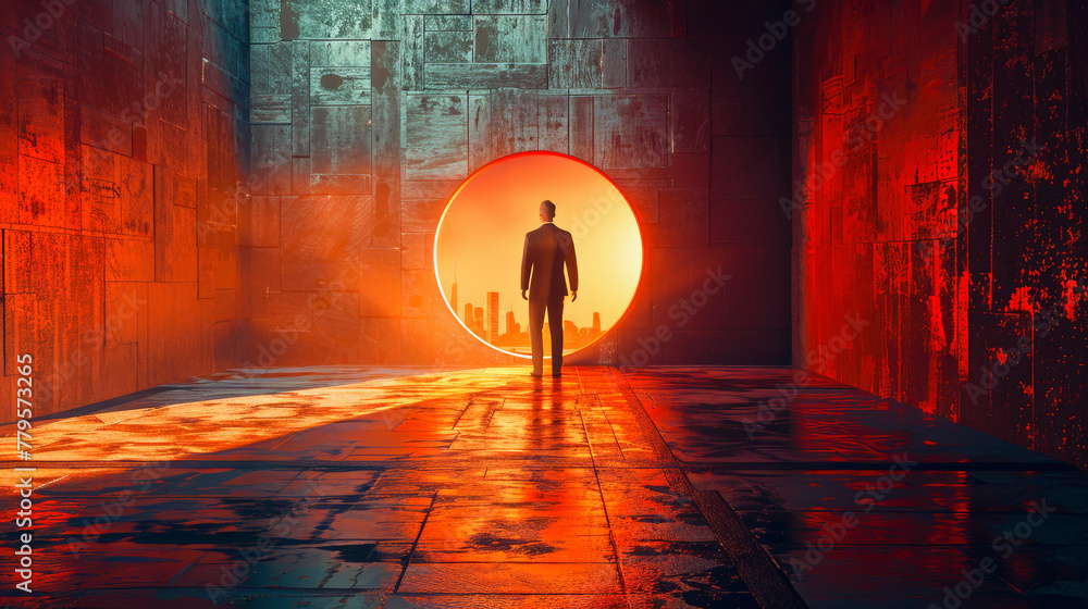 A silhouette of a person stands before a glowing red circle in a ...