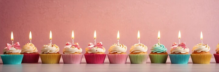 Colorful cupcakes with lit candles are displayed against a pink background, indicating an indoor celebration event marking of joy and celebrating. with free space