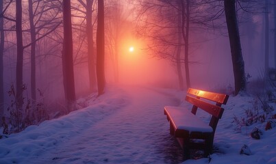 a wooden bench that is sitting in the snow near trees