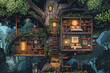 A 2D retro rpg game style of a cross-section of a treehouse with various rooms