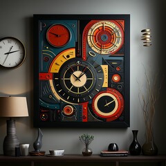 Canvas Print - AI generated illustration of an artistic painting hung on a wall near a classical table