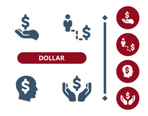 Wall Mural - Dollar icons. Hand, buy, pay, man, job, career, head, thinking, money icon