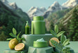 Natural Beauty green Products Amidst Citrus and Greenery, Overlooking Pristine Mountainous Vistas, skin care product. without label empty container

