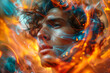 AI generated illustration of a man engulfed in flames, his face and hair ablaze
