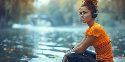 Wall Mural - A young woman jogs alone in the park, embodying vitality and wellness through fitness.