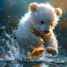 AI Generated Illustration Of A Tiny Bear Races Through Water To Catch A Golden Fish