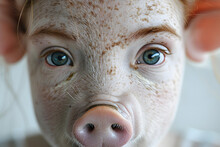 Closeup Portrait Of Woman-pig Hybrid Face With Pig Nose And Pig Skin Texture Isolated On A White Background