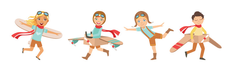 Sticker - Cheerful Kids Playing Pilot with Plane and Wings Vector Set