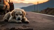 Sad abandoned puppy on the road with a parked vehicle in the background. AI-generated.