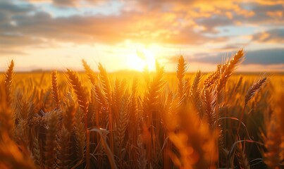 Wall Mural - AI generated illustration of sunset over a wheat field