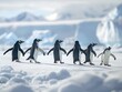 Group of penguins walking on a snowy beach, AI-generated.