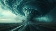 A dramatic and ominous tornado in the center, looming large over a desolate highway. The swirling mass of the twister is dark and foreboding, pulling debris into its core - AI Generated Digital Art