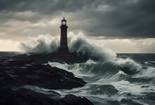 A Lighthouse Surrounded By Huge Waves On Top Of A Rocky Island