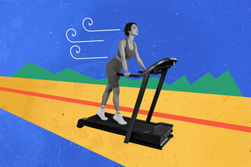 Sticker - Creative drawing collage picture of young pretty female walk treadmill sportive lifestyle weird freak bizarre unusual