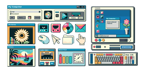 Trending elements of the computer interface in the pixel art style of the 1990s, 2000s. A dialog box with a picture of a sunflower, a landscape of the sea.