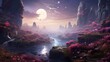 AI generated illustration of a surreal dreamscape featuring a lush landscape with pink flowers