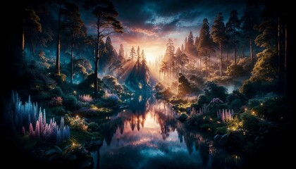 Wall Mural - serene valley lake at dawn surrounded by autumn mountains - ai generated digital art