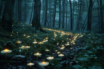 Poster - Underbrush fungi that emit a soft, pulsating glow, marking safe paths through the dense forest at ni